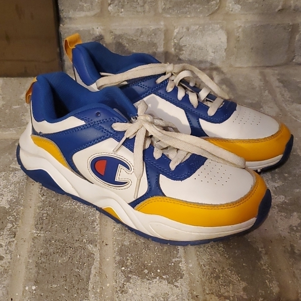Champion sneakers shoes size 5.5 has flaws yellow blue white Dennis shoes